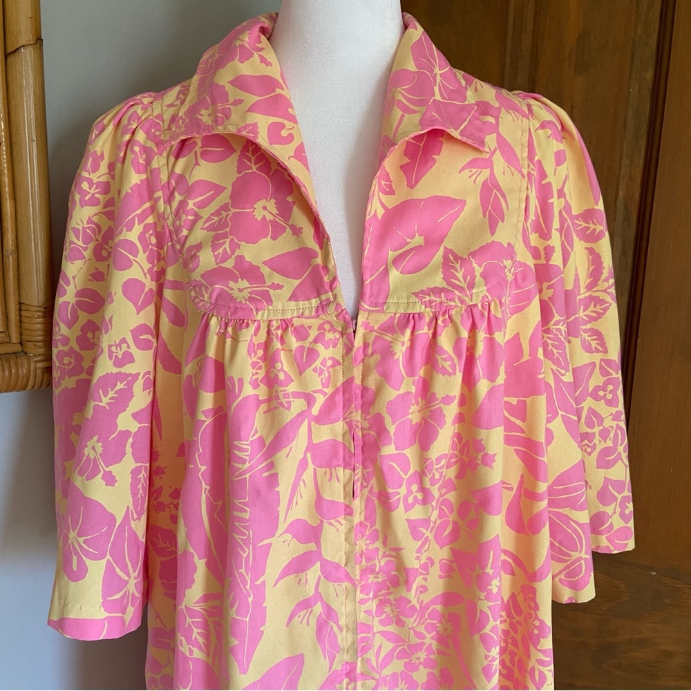 Vintage Ruth Clarage Large Floral Pink Print Mumu House Dress Boho Hand Printed - Picture 2 of 9